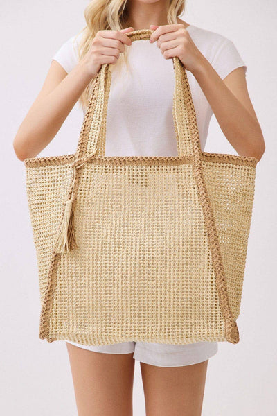 MB0338 Two Tone Woven Straw Beach Tote Bag: Tan