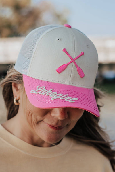 Lakegirl Trucker Cap: Ivory/Hot Pink