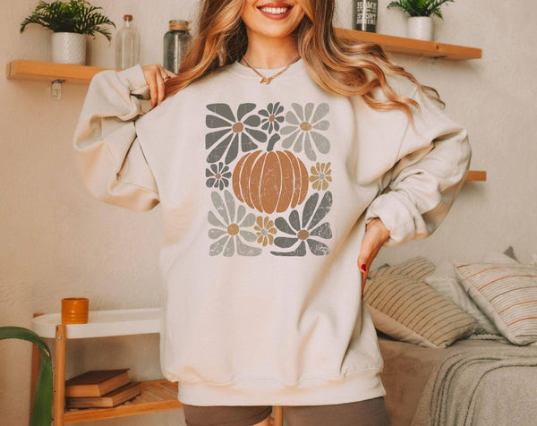 Womens Boho Fall Pumpkin Crewneck Sweatshirt: Sand / Small