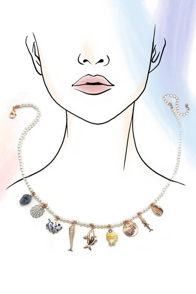CHARM NECKLACE-PORCELAIN SHELLS FISH NATURAL STONE | 80N9214: GOLD