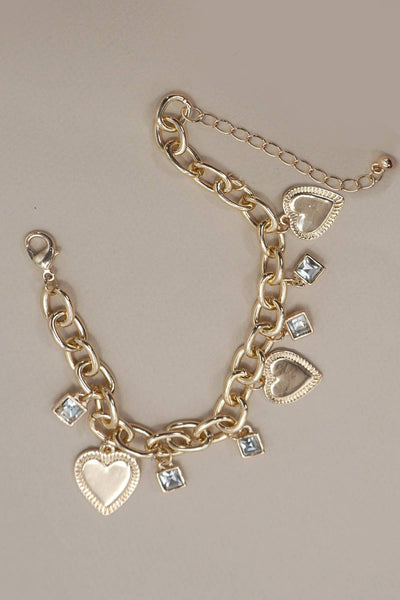 CHARM BRACELET-HEART RHINESTONE CHARMS | 80B1283: Gold