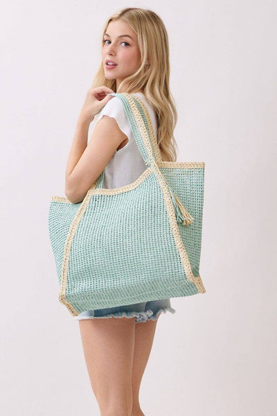 MB0338 Two Tone Woven Straw Beach Tote Bag: Tan
