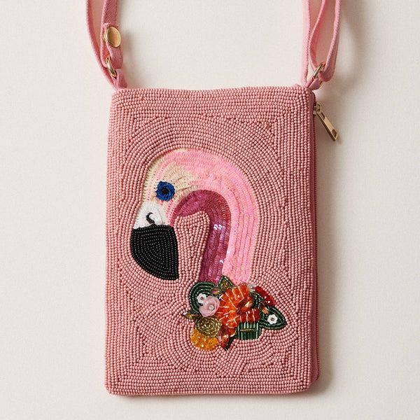 Seed Beaded Tropical Crossbody Phone Bag | Multifunctional Zipper Bag: Flamingo in Blue