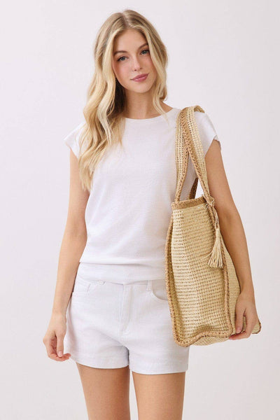 MB0338 Two Tone Woven Straw Beach Tote Bag: Tan