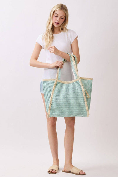 MB0338 Two Tone Woven Straw Beach Tote Bag: Tan