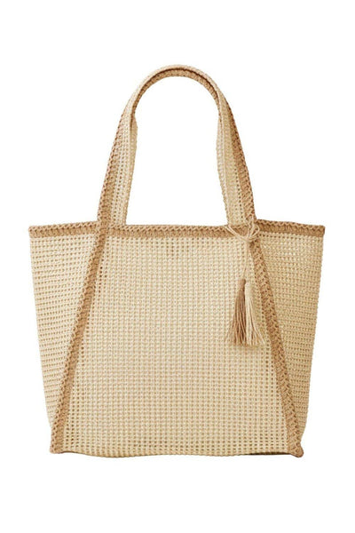 MB0338 Two Tone Woven Straw Beach Tote Bag: Tan