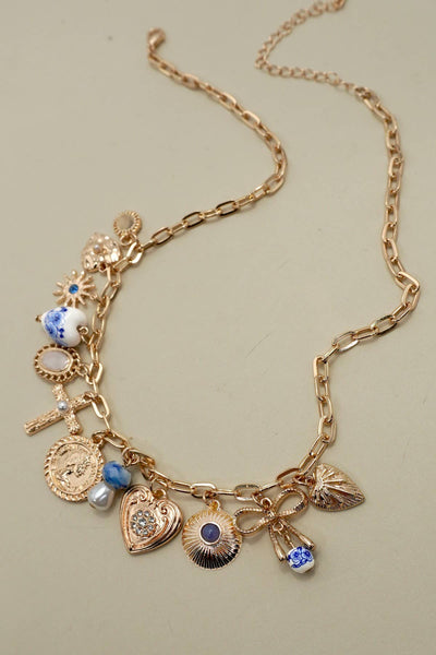 CHARM NECKLACE-PORCELAIN HEARTS CROSS NECKLACE | 80N91593: GOLD
