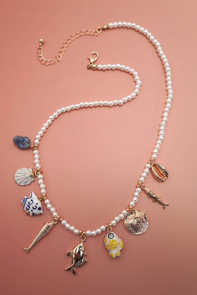 CHARM NECKLACE-PORCELAIN SHELLS FISH NATURAL STONE | 80N9214: GOLD