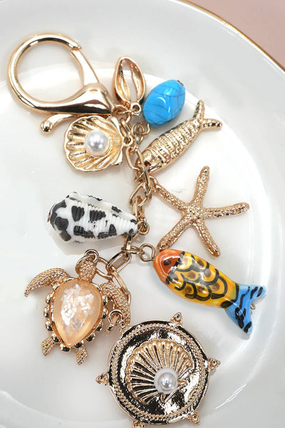 BAG CHARM-OCEAN PORCELAIN FISH SEA SHELL STARFISH | 80K063: Gold