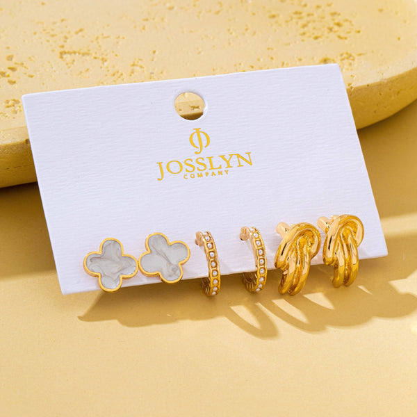 Gold-Tone Clover Pearl Huggie Hoop Earring Trio Set|80E62320: Gold