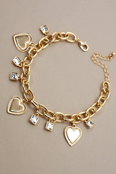 CHARM BRACELET-HEART RHINESTONE CHARMS | 80B1283: Gold