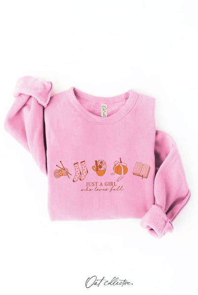 JUST A GIRL WHO LOVES FALL Graphic Sweatshirt: HEATHER DUST / L