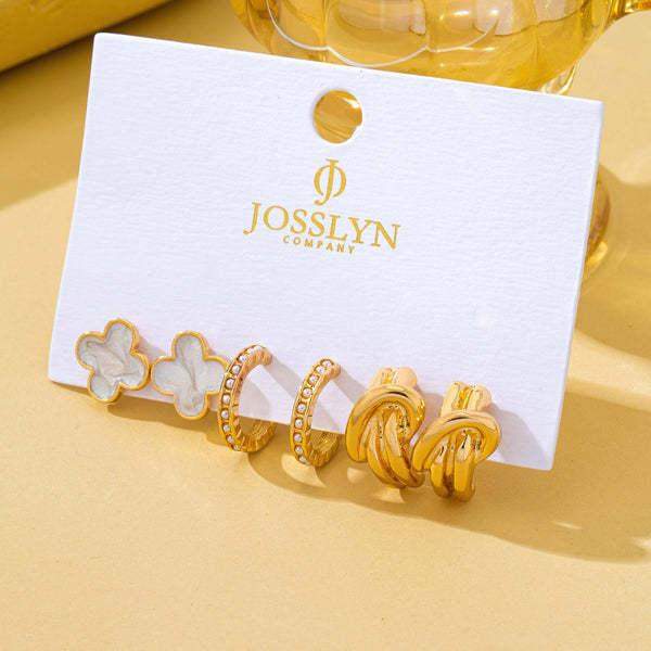 Gold-Tone Clover Pearl Huggie Hoop Earring Trio Set|80E62320: Gold