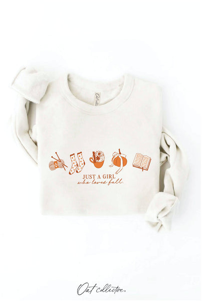 JUST A GIRL WHO LOVES FALL Graphic Sweatshirt: HEATHER DUST / S