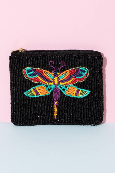 Colorful Dragon Fly Beaded Coin Purse: MULTI