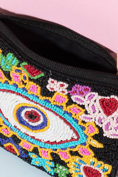 Flower Heart Evil Eye Beaded Coin Purse: MULTI