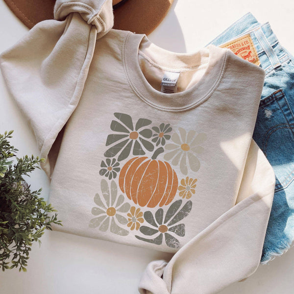 Womens Boho Fall Pumpkin Crewneck Sweatshirt: Sand / Small