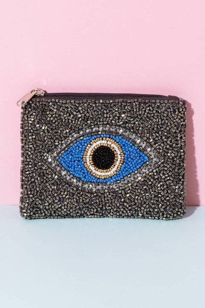 Black Evil Eye Beaded Coin Purse: MULTI
