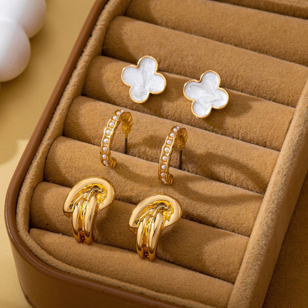 Gold-Tone Clover Pearl Huggie Hoop Earring Trio Set|80E62320: Gold