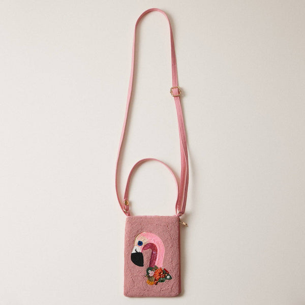 Seed Beaded Tropical Crossbody Phone Bag | Multifunctional Zipper Bag: Tropical Leaf in Pink