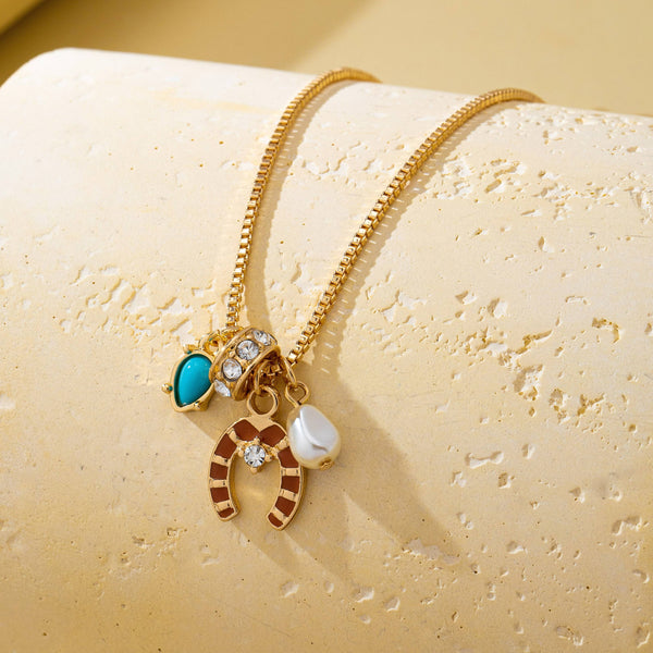 Southwest Horseshoe & Turquoise Charm Necklace | 80N93130: Gold