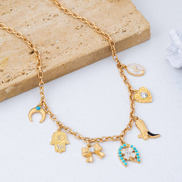 Western Turquoise Horseshoe Bow Boot Charm Necklace|80N93198: Gold