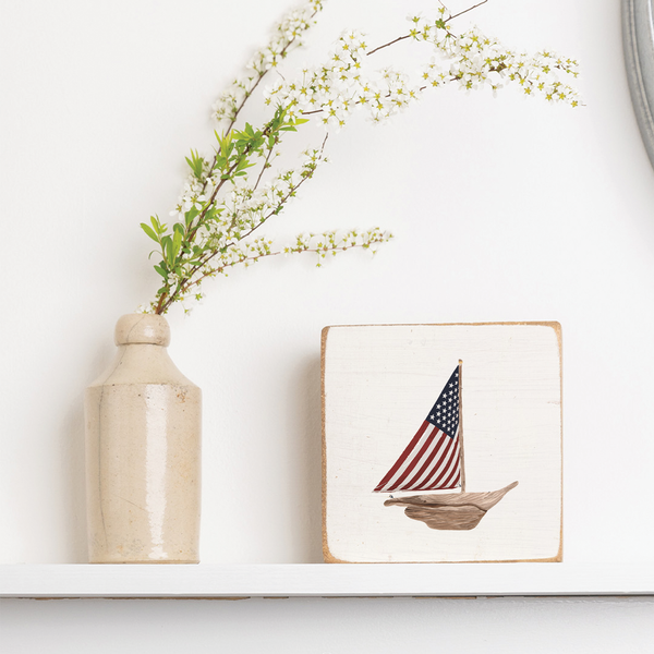 Flag Sailboat Block Sign | Wooden Decor | Coastal Decor