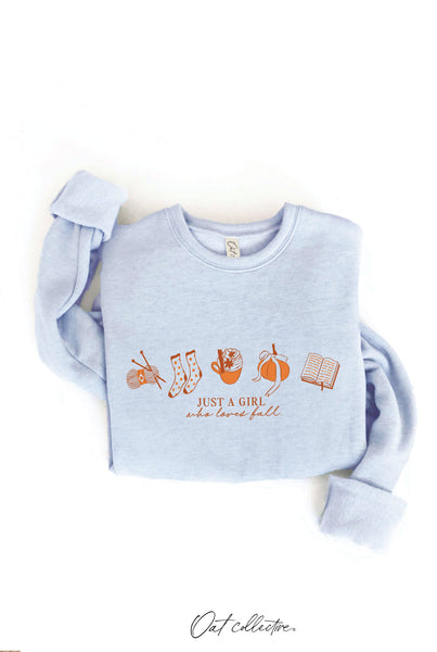 JUST A GIRL WHO LOVES FALL Graphic Sweatshirt: HEATHER DUST / S
