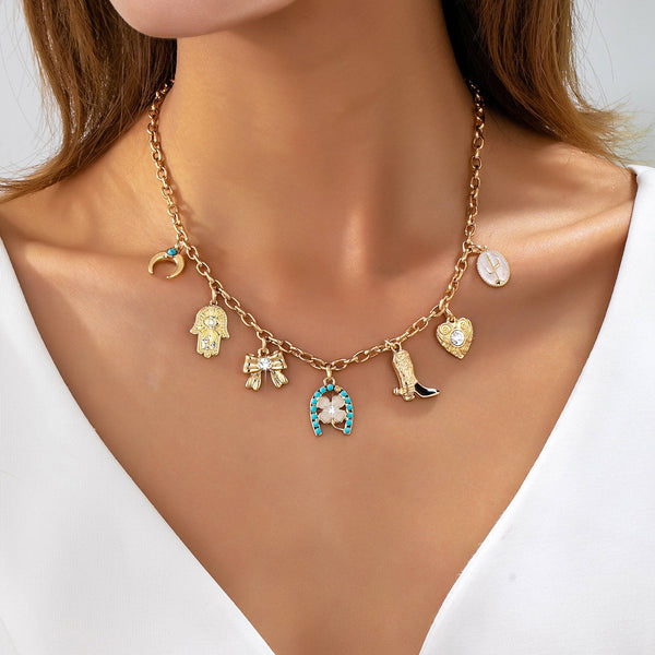 Western Turquoise Horseshoe Bow Boot Charm Necklace|80N93198: Gold