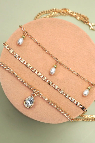 MULTI LAYER STONE CHAIN TEARDROP CHARM NECKLACE | 40NK9637: GOLD