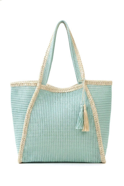 MB0338 Two Tone Woven Straw Beach Tote Bag: Tan