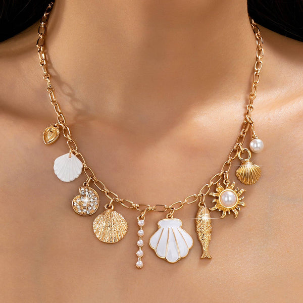 Charm Necklace-Ocean Seashell Fish Pearl | 80N92949: Gold