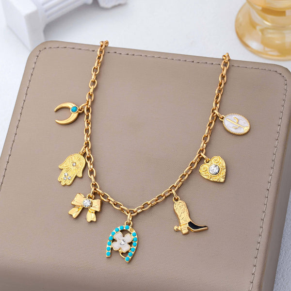 Western Turquoise Horseshoe Bow Boot Charm Necklace|80N93198: Gold