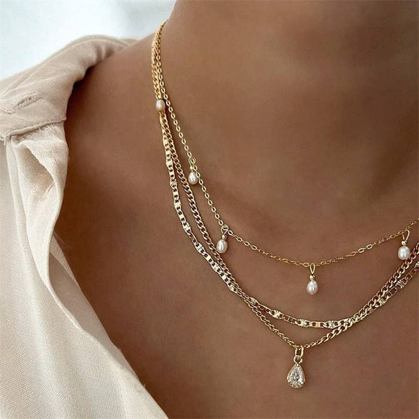 MULTI LAYER STONE CHAIN TEARDROP CHARM NECKLACE | 40NK9637: GOLD