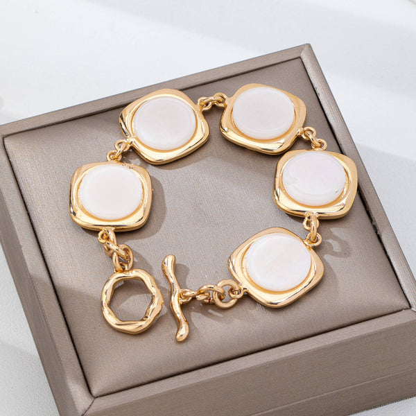 White Pearly Inlay Square Link Bracelet | 80B1752: Gold