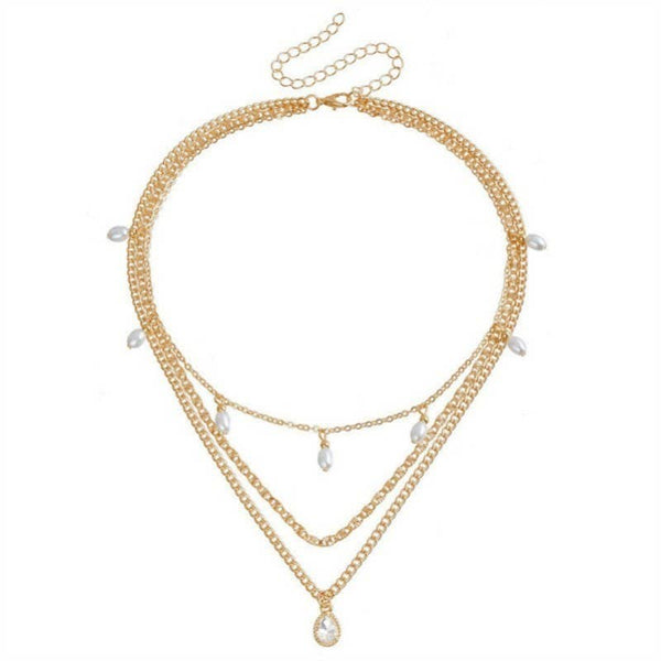 MULTI LAYER STONE CHAIN TEARDROP CHARM NECKLACE | 40NK9637: GOLD