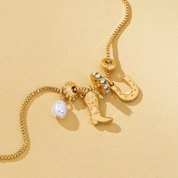 Western Boot Horseshoe Pearl Charm Necklace | 80N93161: Gold