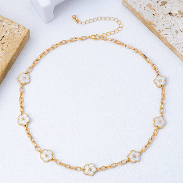 Vintage-Inspired White Enamel Floral Necklace | 80N93188: Gold