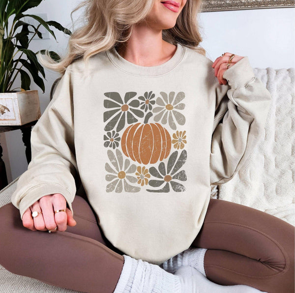 Womens Boho Fall Pumpkin Crewneck Sweatshirt: Sand / XXL