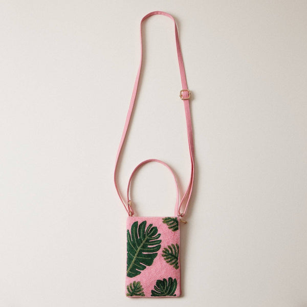 Seed Beaded Tropical Crossbody Phone Bag | Multifunctional Zipper Bag: Flamingo in Blue