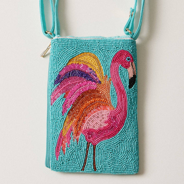 Seed Beaded Tropical Crossbody Phone Bag | Multifunctional Zipper Bag: Tropical Leaf in Pink