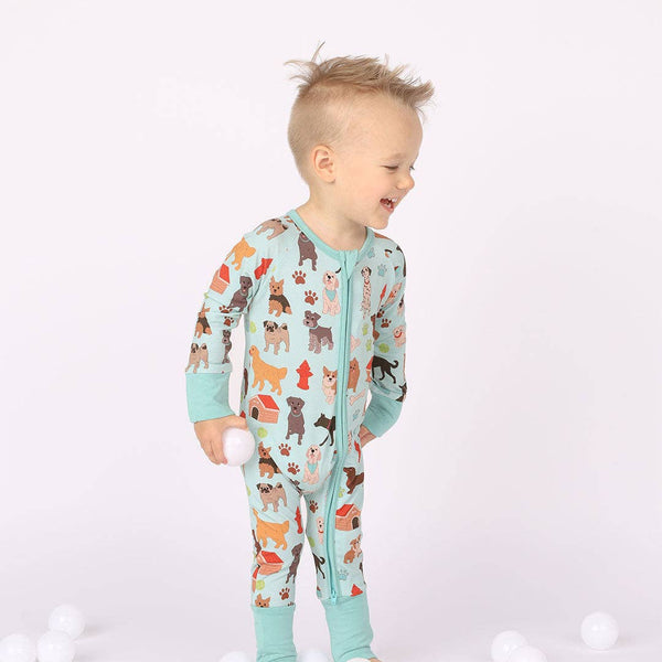Dogs Bark Pets Bamboo Baby Pajamas Convertible Footie: Blue/Multi / 3-6M