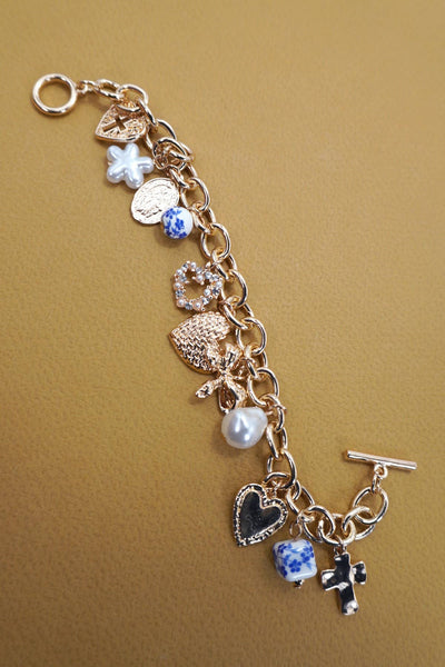 CERAMIC PORCELAIN HEART BOW PEARL CHARM BRACELET | 80B1342: Gold