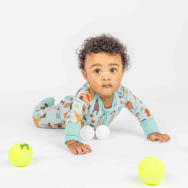 Dogs Bark Pets Bamboo Baby Pajamas Convertible Footie: Blue/Multi / 0-3M