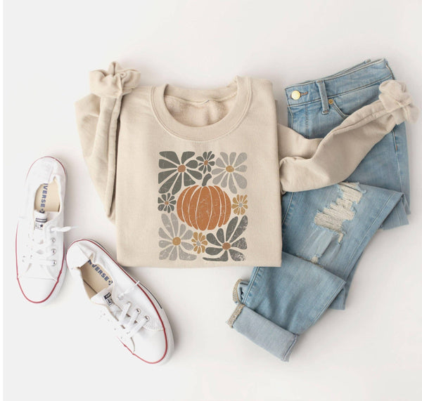 Womens Boho Fall Pumpkin Crewneck Sweatshirt: Sand / Medium