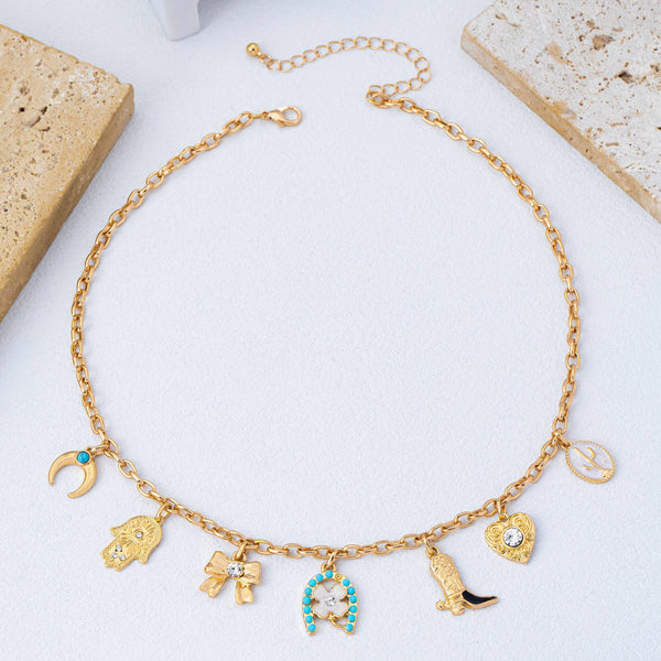 Western Turquoise Horseshoe Bow Boot Charm Necklace|80N93198: Gold