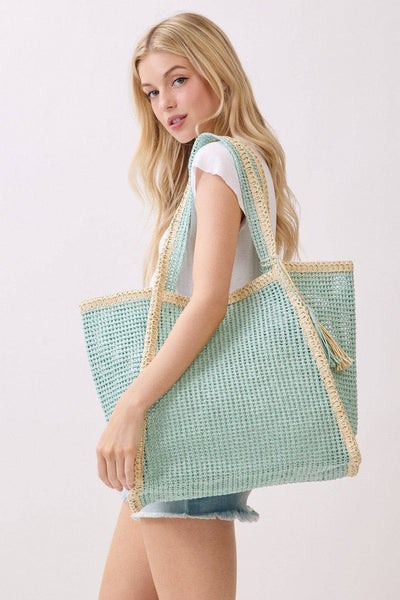 MB0338 Two Tone Woven Straw Beach Tote Bag: Tan