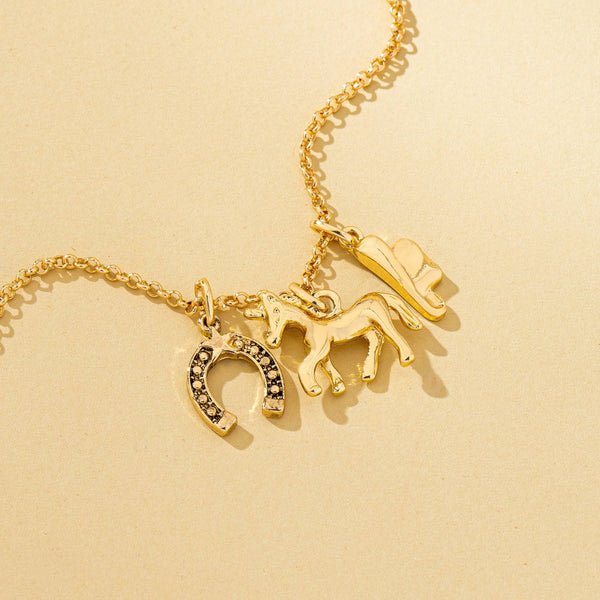 Galloping Horse and Horseshoe Charm Necklace | 80N93131: Gold