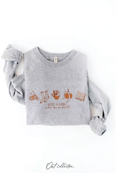 JUST A GIRL WHO LOVES FALL Graphic Sweatshirt: HEATHER DUST / S