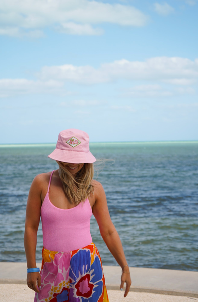 KK Meet me at the Beach Patch Hat - Pink & Green: Pink Bucket Hat